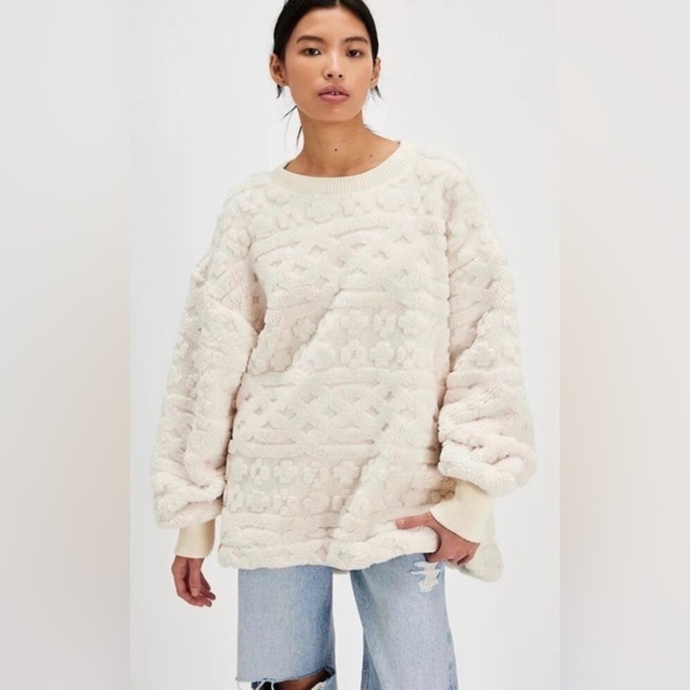NWT Free People S Cable Knit Sweatshirt in Ivory Combo Sherpa Oversized New $128